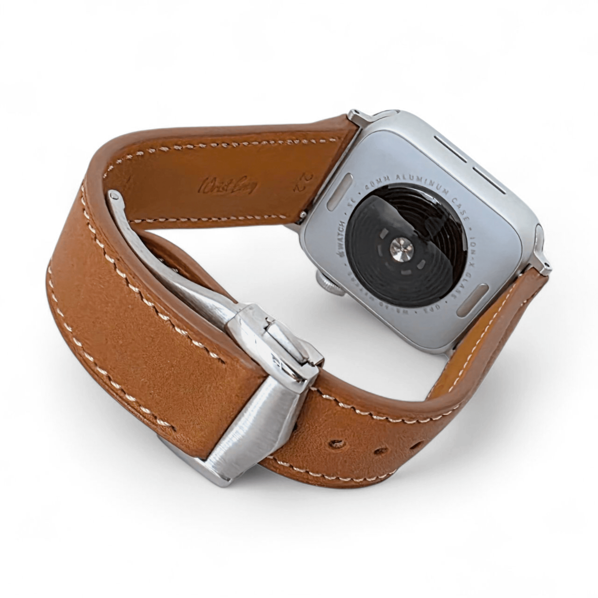 French Novanappa Leather Watch Strap With Deployment For Apple Watch Brown Stitched - Wrist Envy