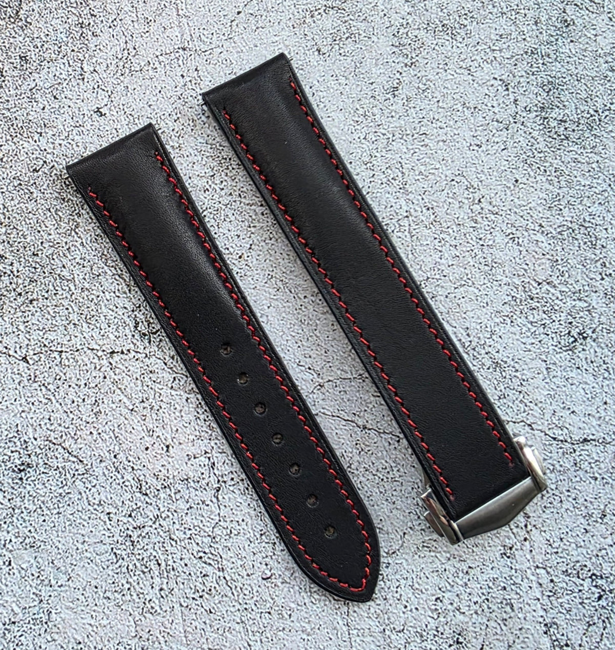 French Novonappa Leather Deployant Strap 20mm Black Red Stitching - Wrist Envy