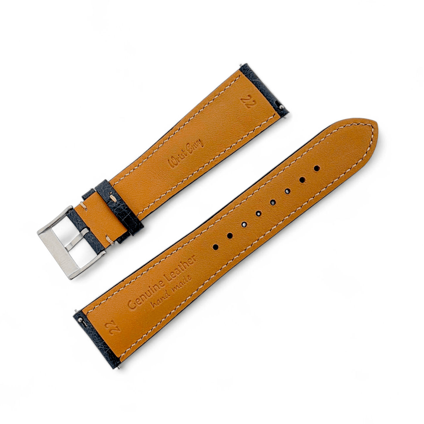 Genuine Full Grain Leather Tuscan Padded Watch Strap 20mm 22mm Washed Black - Wrist Envy