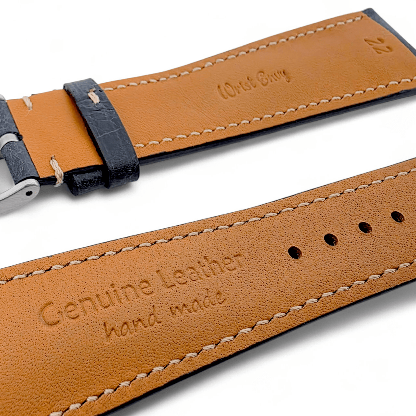 Genuine Full Grain Leather Tuscan Padded Watch Strap 20mm 22mm Washed Black - Wrist Envy