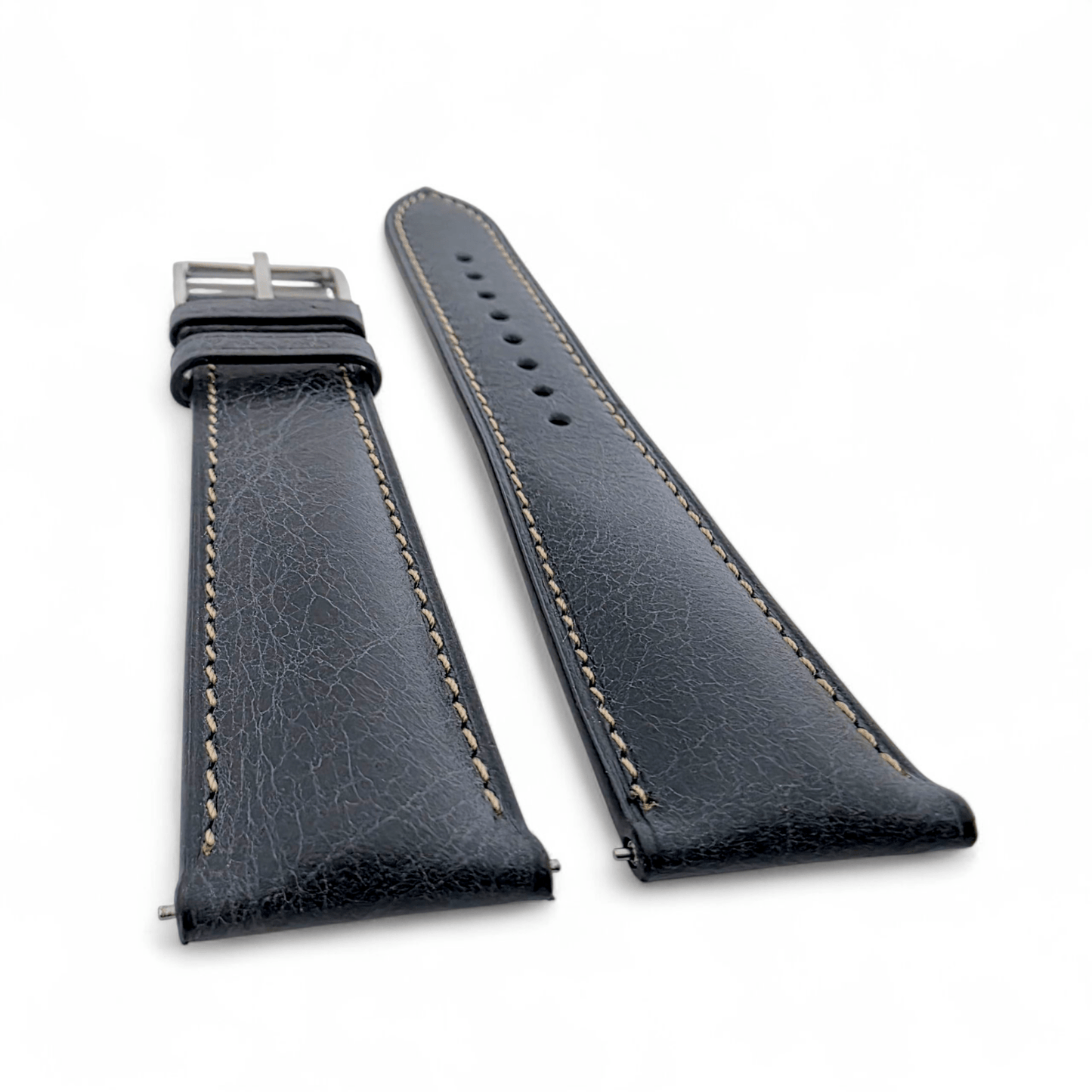 Genuine Full Grain Leather Tuscan Padded Watch Strap 20mm 22mm Washed Black - Wrist Envy