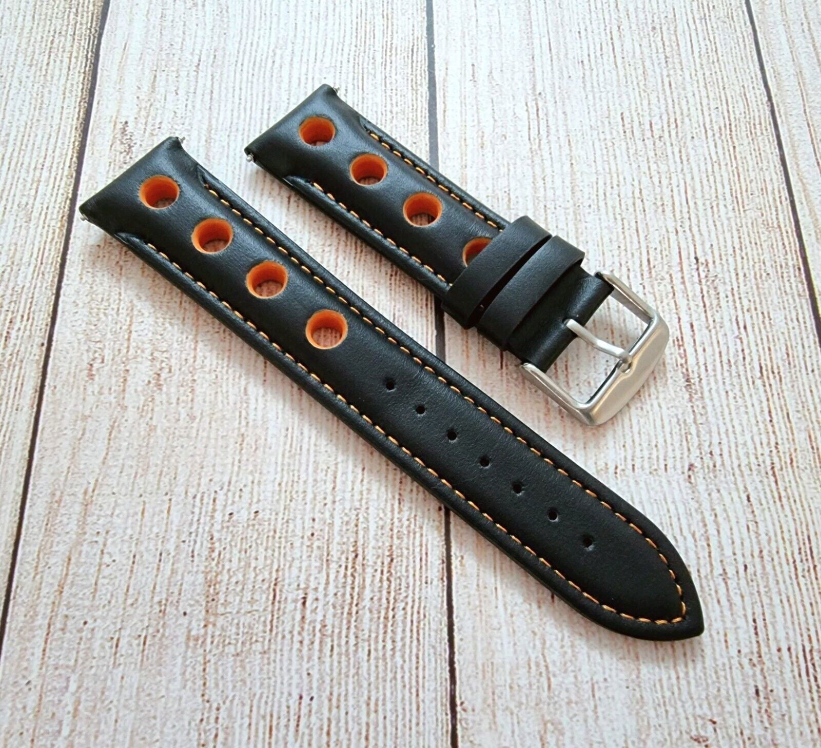 Hole Punched Premium Leather Watch Strap Band 18mm 20mm 22mm 24mm Black Orange - Wrist Envy
