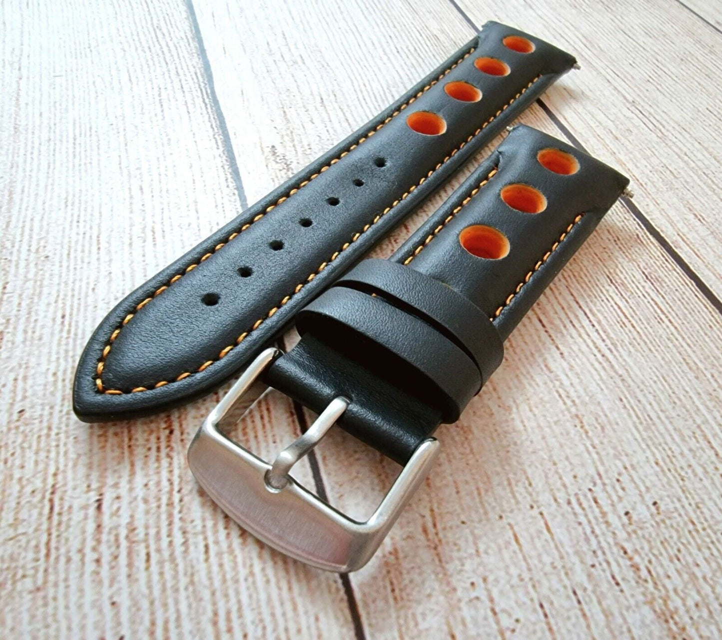Hole Punched Premium Leather Watch Strap Band 18mm 20mm 22mm 24mm Black Orange - Wrist Envy