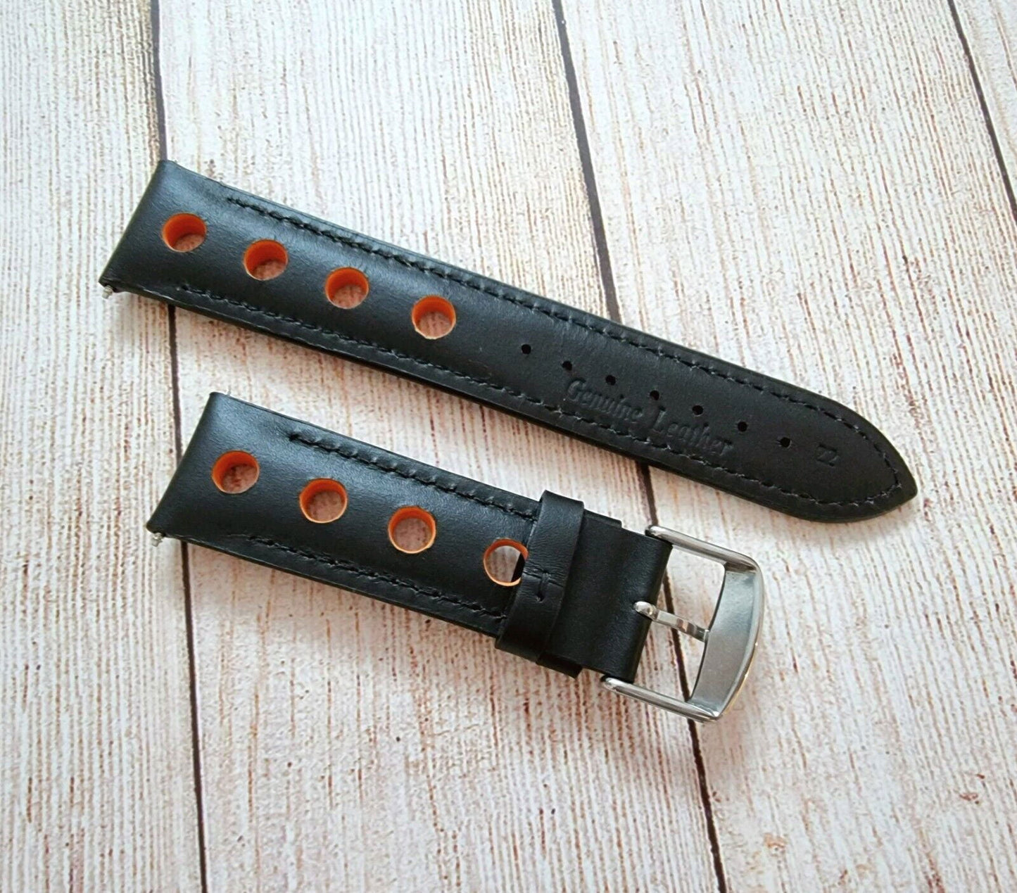 Hole Punched Premium Leather Watch Strap Band 18mm 20mm 22mm 24mm Black Orange - Wrist Envy