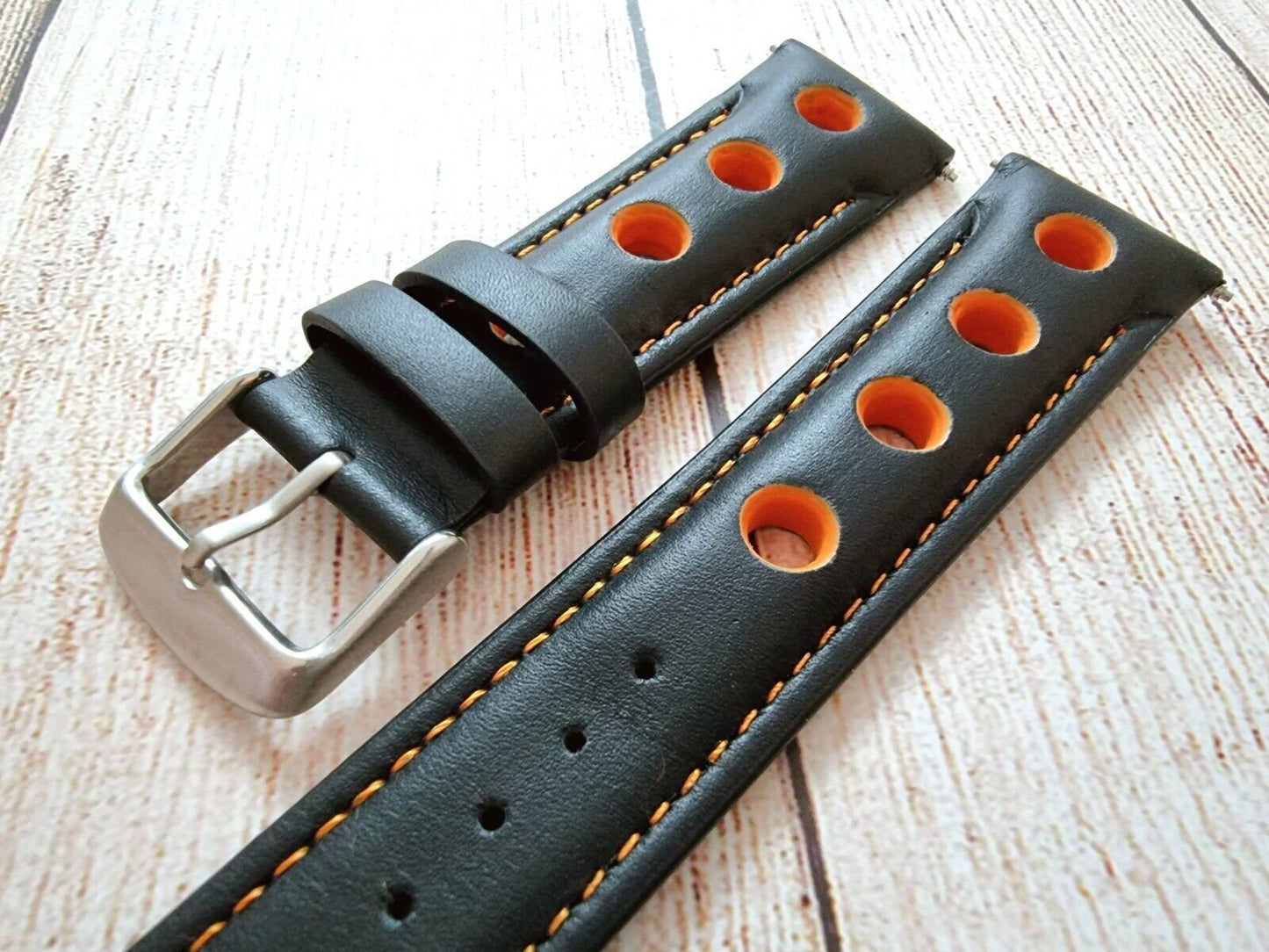 Hole Punched Premium Leather Watch Strap Band 18mm 20mm 22mm 24mm Black Orange - Wrist Envy
