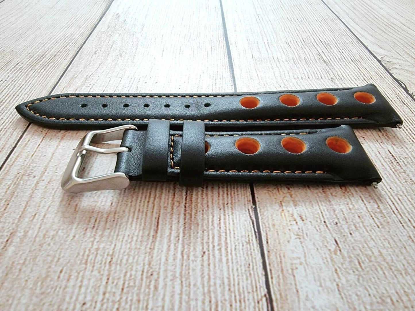 Hole Punched Premium Leather Watch Strap Band 18mm 20mm 22mm 24mm Black Orange - Wrist Envy