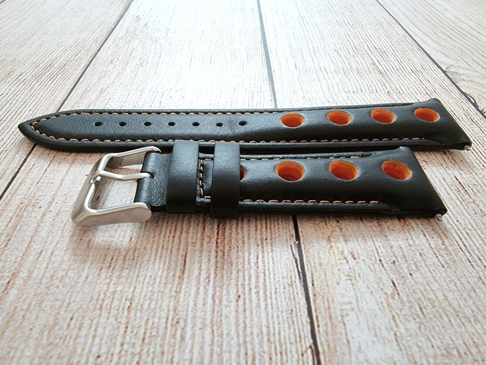 Hole Punched Premium Leather Watch Strap Band 18mm 20mm 22mm 24mm Black Orange - Wrist Envy