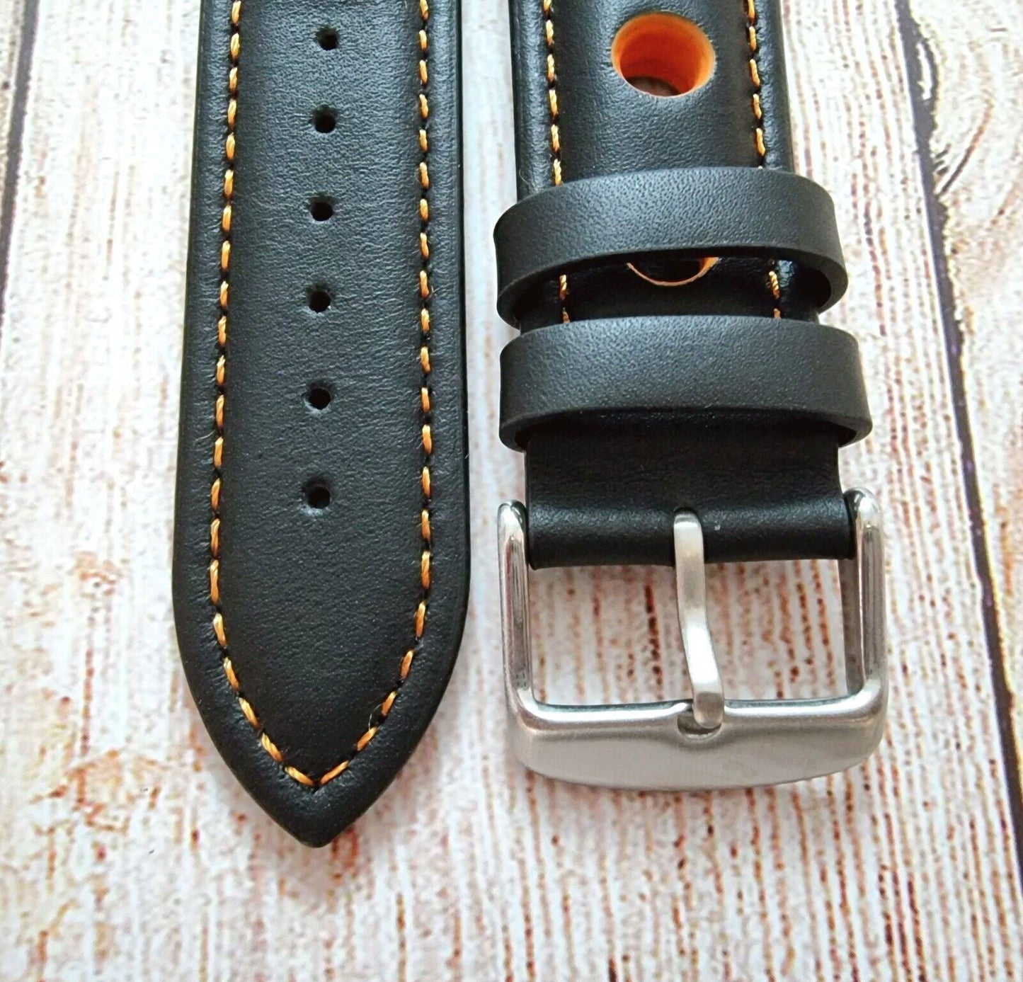 Hole Punched Premium Leather Watch Strap Band 18mm 20mm 22mm 24mm Black Orange - Wrist Envy