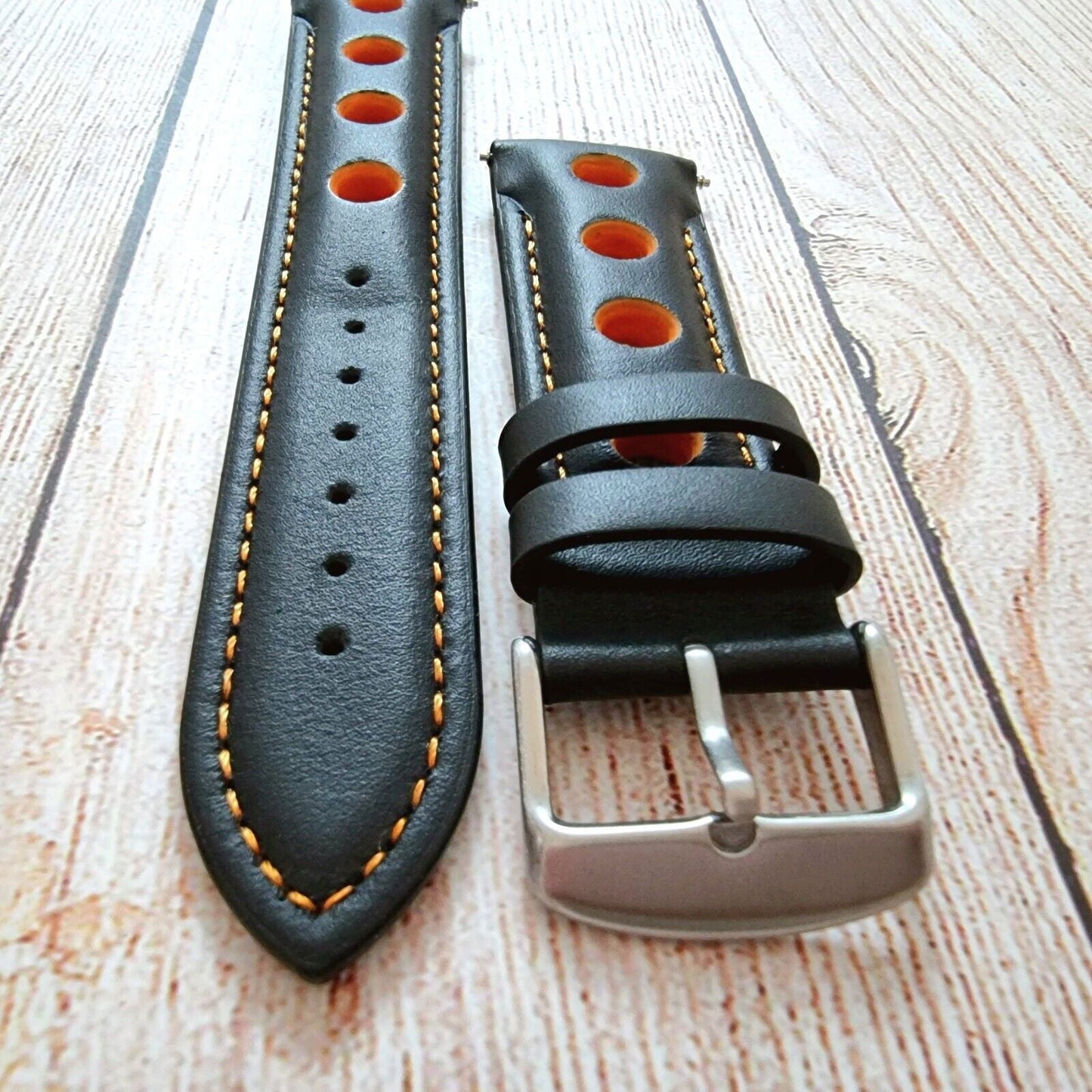 Hole Punched Premium Leather Watch Strap Band 18mm 20mm 22mm 24mm Black Orange - Wrist Envy