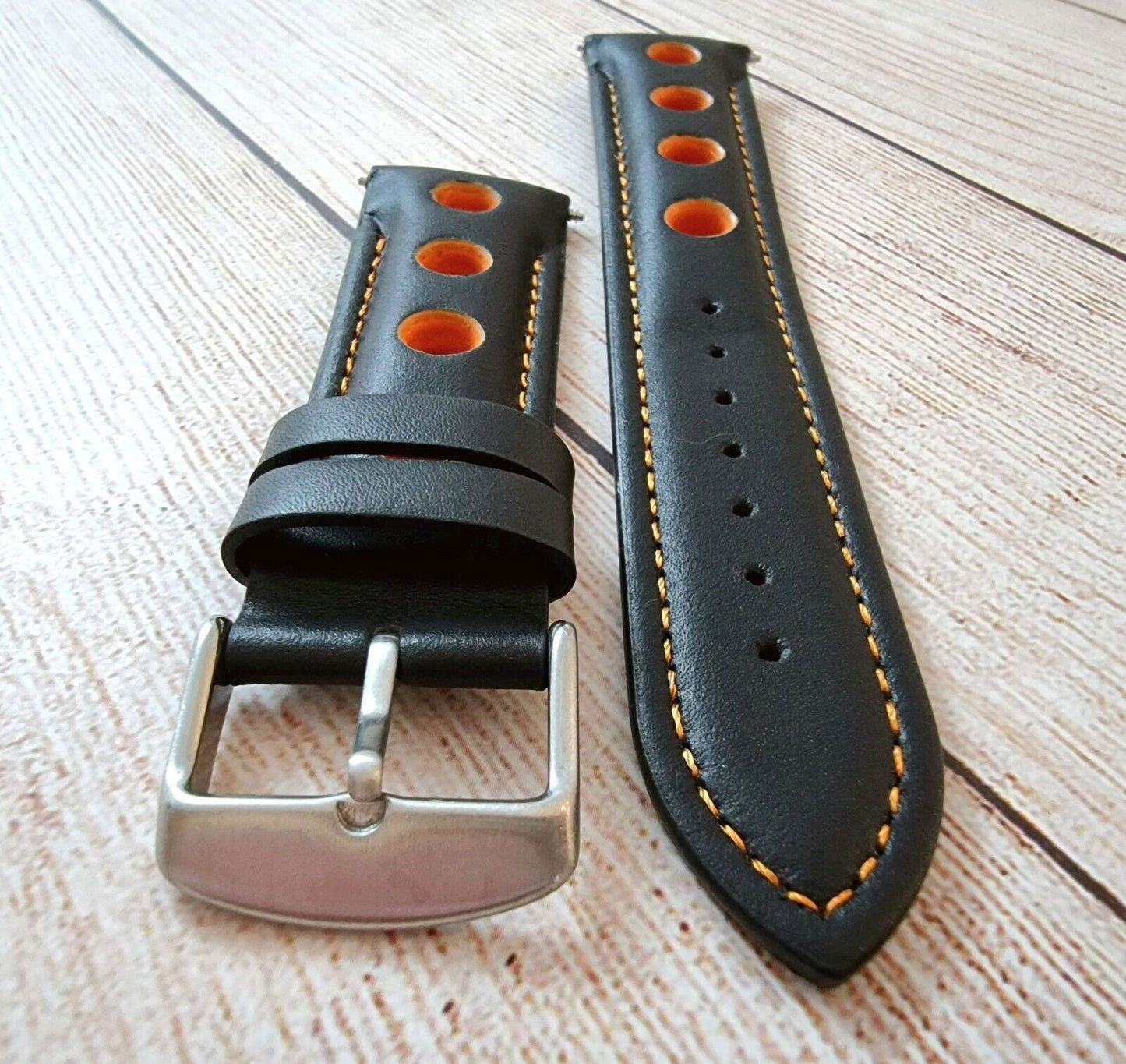 Hole Punched Premium Leather Watch Strap Band 18mm 20mm 22mm 24mm Black Orange - Wrist Envy