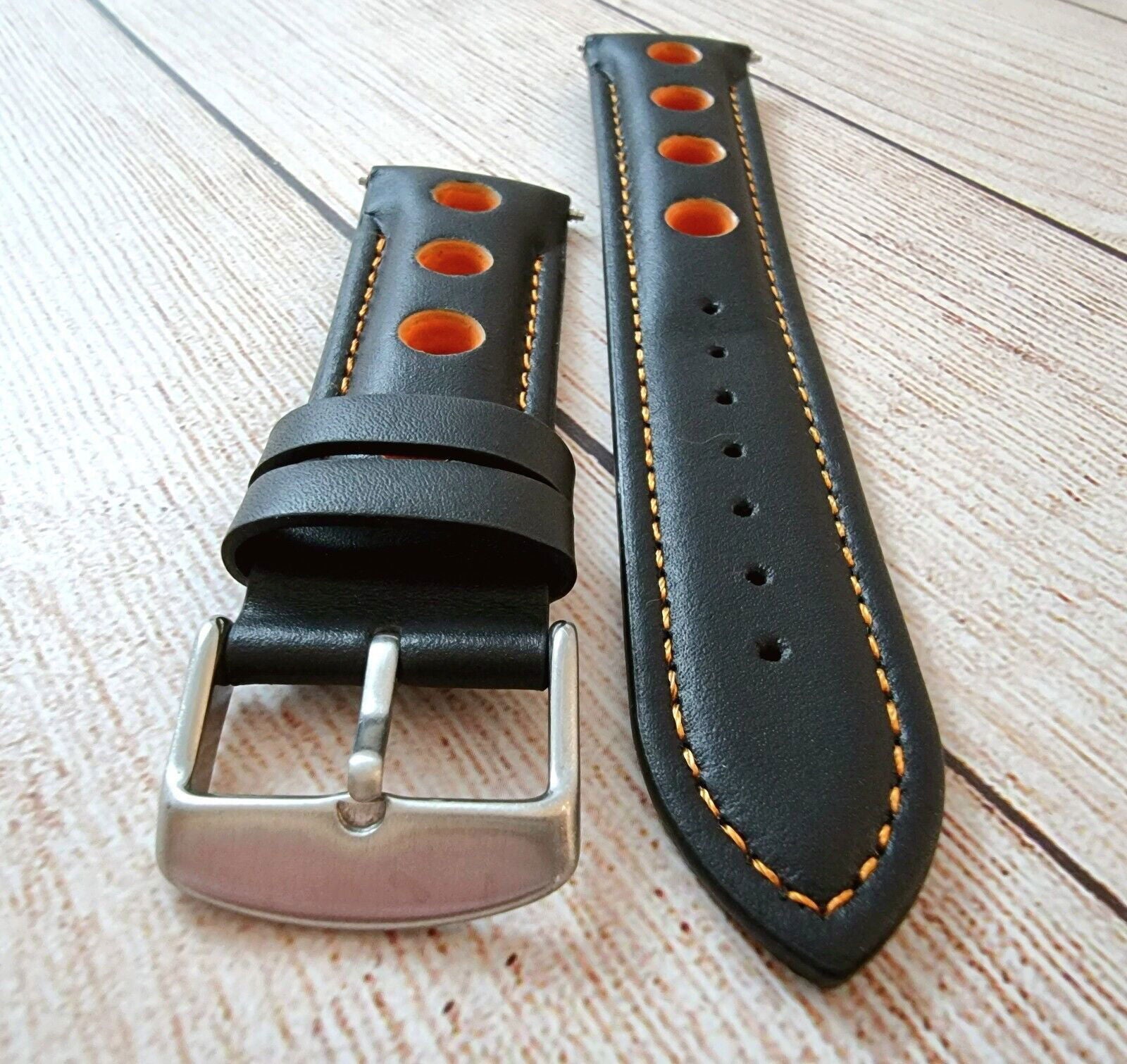 Hole Punched Premium Leather Watch Strap Band 18mm 20mm 22mm 24mm Black Orange - Wrist Envy