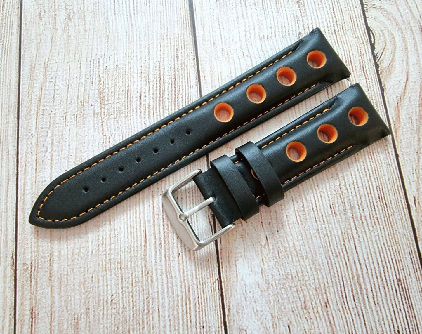 Hole Punched Premium Leather Watch Strap Band 18mm 20mm 22mm 24mm Black Orange - Wrist Envy