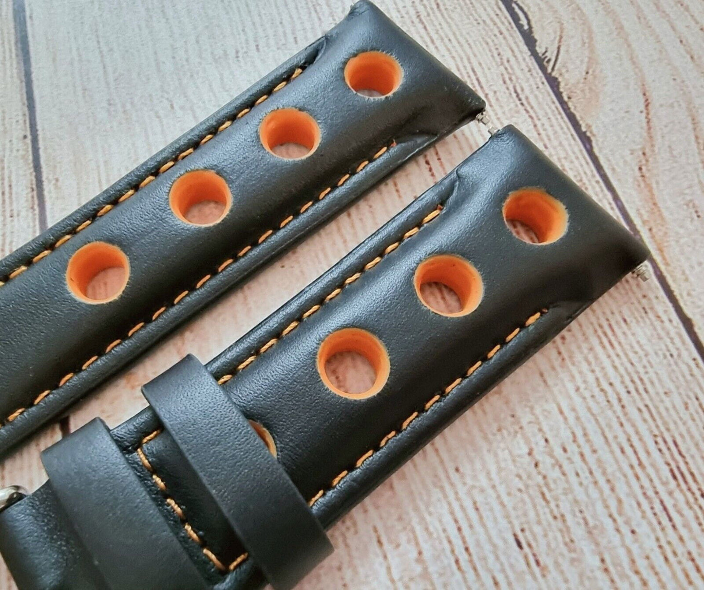 Hole Punched Premium Leather Watch Strap Band 18mm 20mm 22mm 24mm Black Orange - Wrist Envy