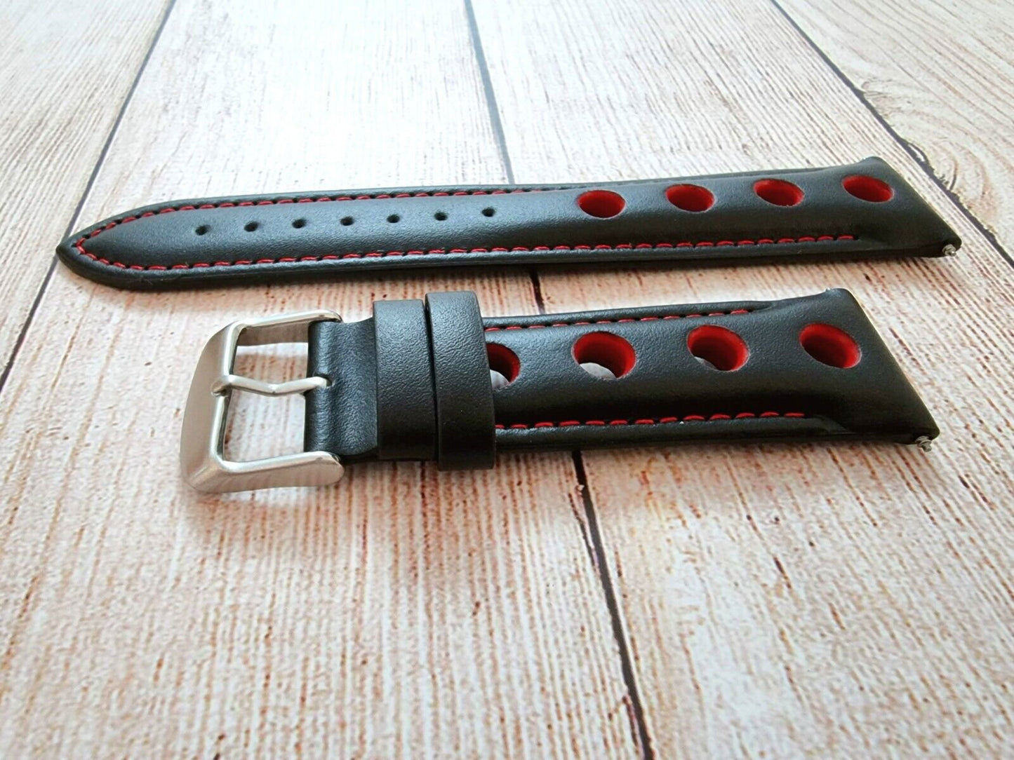 Hole Punched Premium Leather Watch Strap Band 18mm 20mm 22mm 24mm Black Red - Wrist Envy