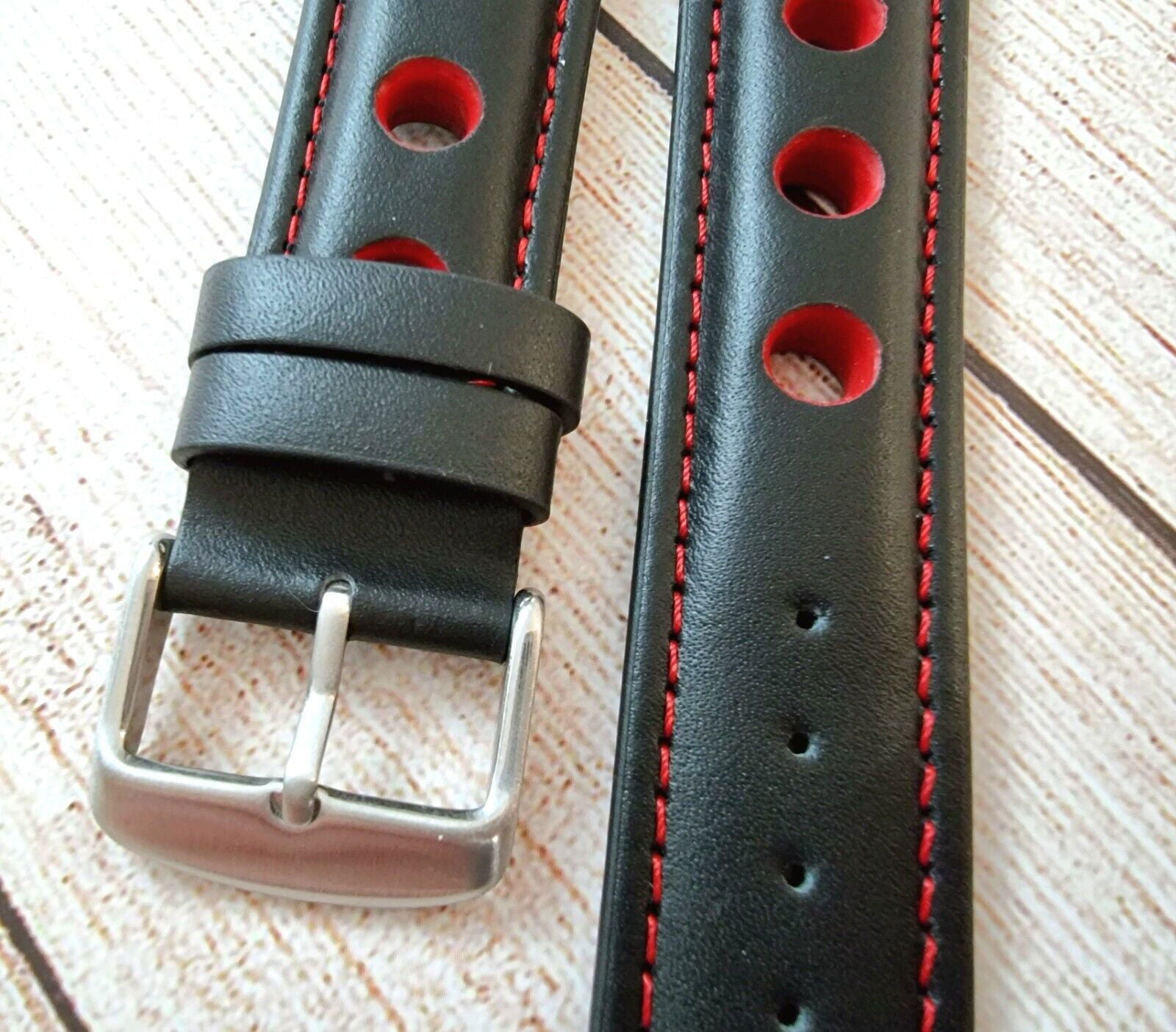 Hole Punched Premium Leather Watch Strap Band 18mm 20mm 22mm 24mm Black Red - Wrist Envy