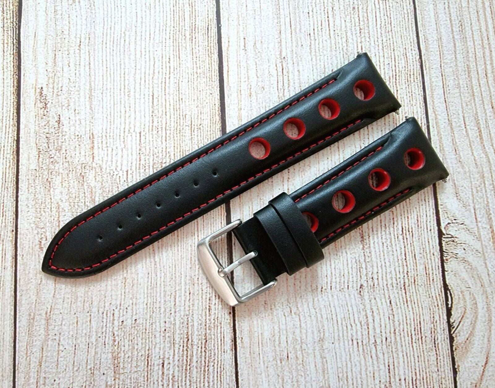 Hole Punched Premium Leather Watch Strap Band 18mm 20mm 22mm 24mm Black Red - Wrist Envy