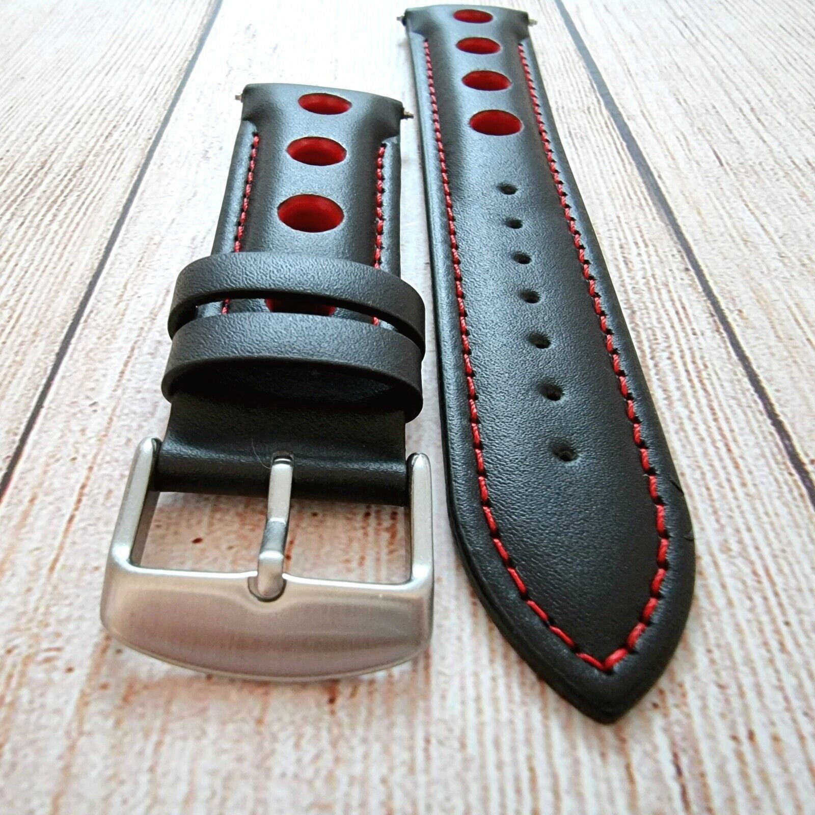 Hole Punched Premium Leather Watch Strap Band 18mm 20mm 22mm 24mm Black Red - Wrist Envy