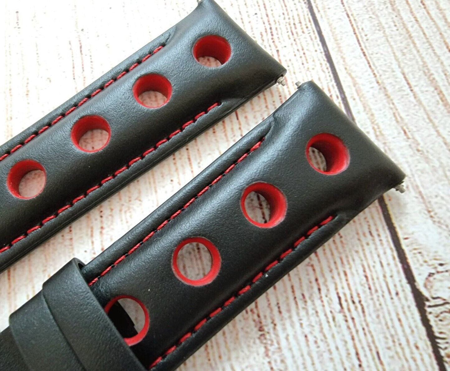 Hole Punched Premium Leather Watch Strap Band 18mm 20mm 22mm 24mm Black Red - Wrist Envy