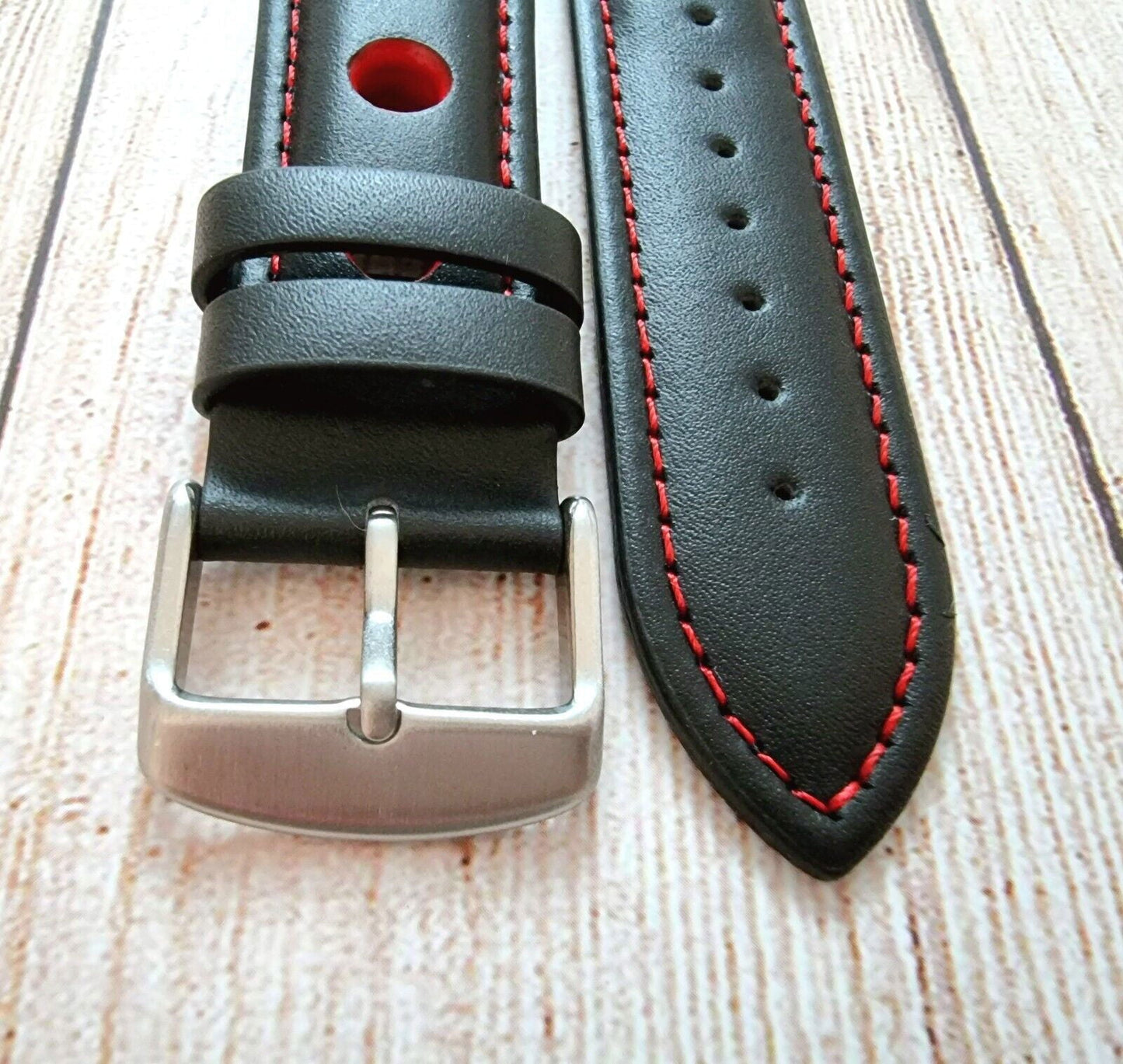Hole Punched Premium Leather Watch Strap Band 18mm 20mm 22mm 24mm Black Red - Wrist Envy
