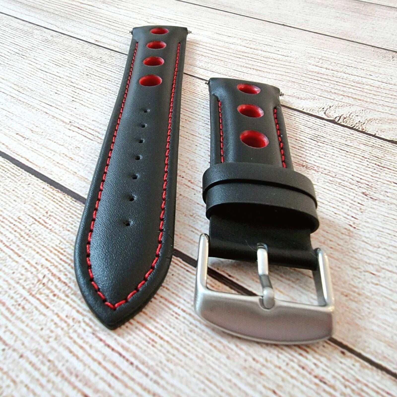 Hole Punched Premium Leather Watch Strap Band 18mm 20mm 22mm 24mm Black Red - Wrist Envy
