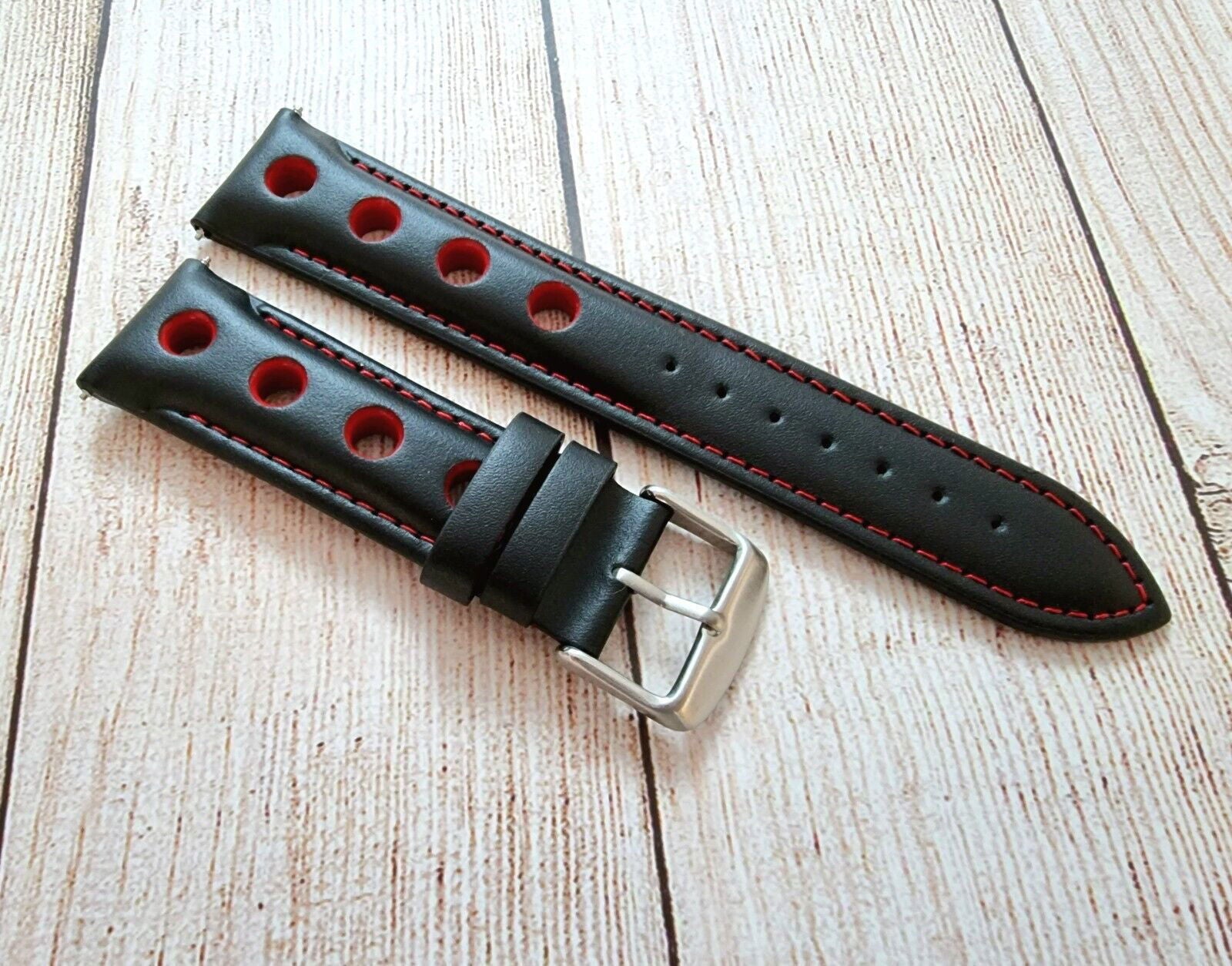 Hole Punched Premium Leather Watch Strap Band 18mm 20mm 22mm 24mm Black Red - Wrist Envy