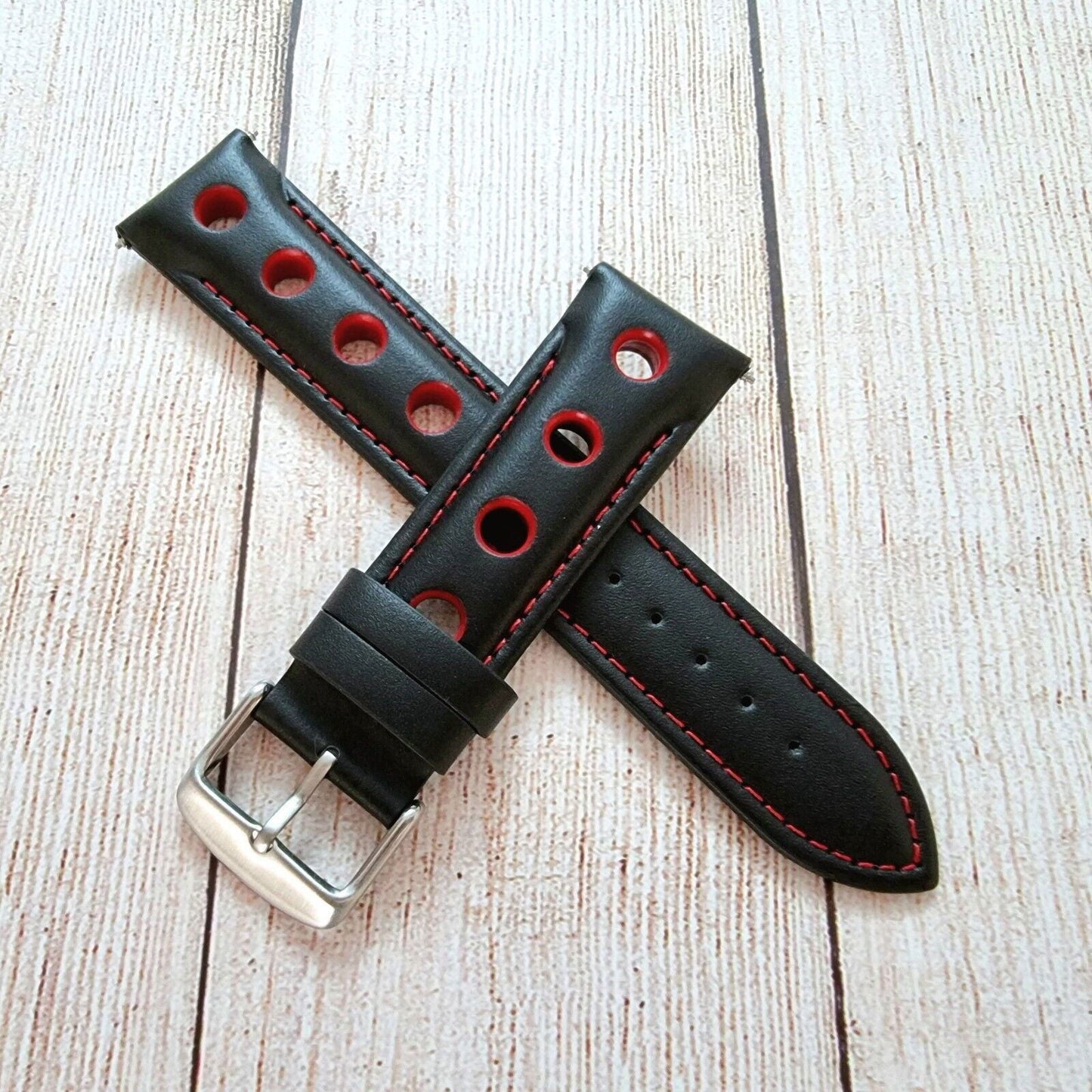 Hole Punched Premium Leather Watch Strap Band 18mm 20mm 22mm 24mm Black Red - Wrist Envy