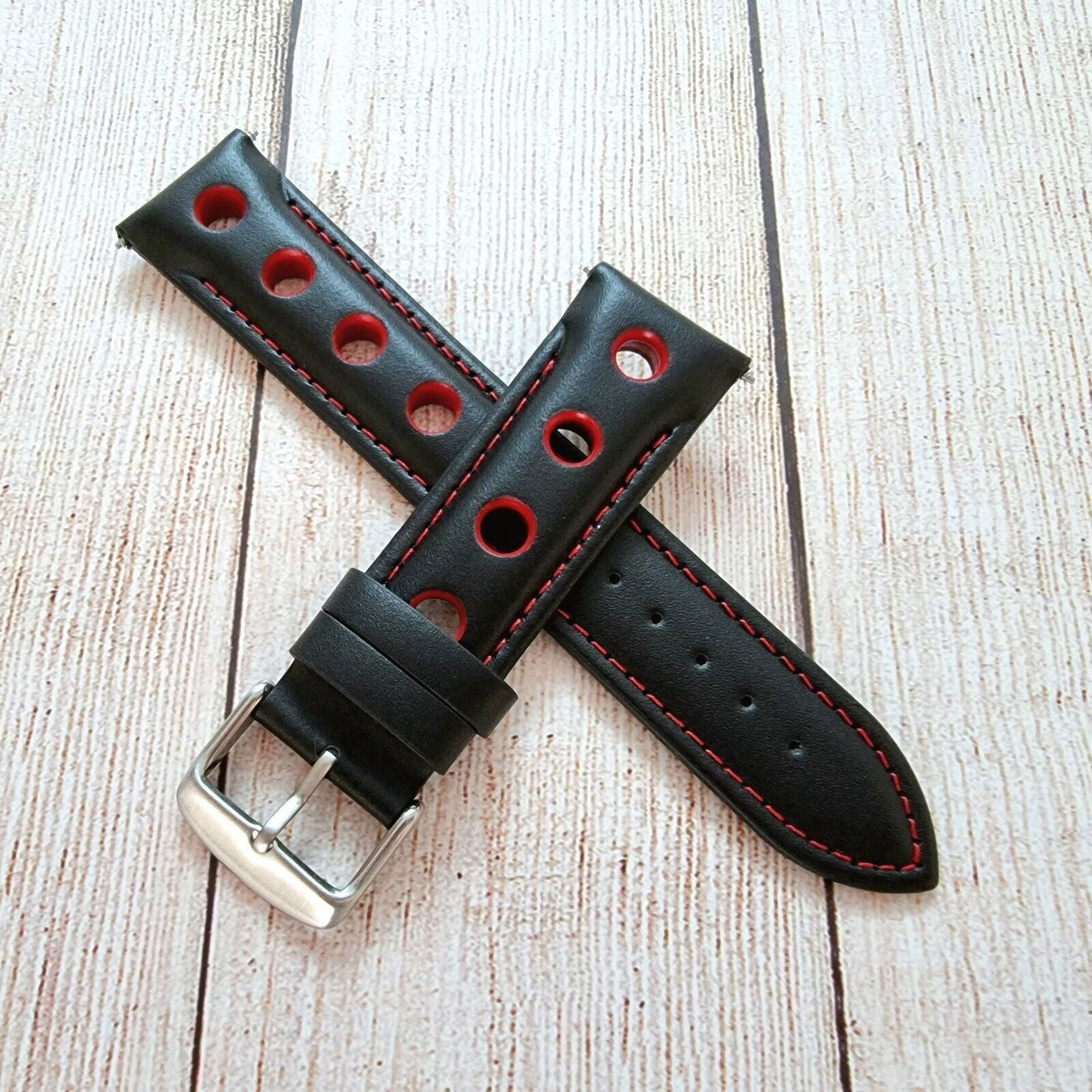 Hole Punched Premium Leather Watch Strap Band 18mm 20mm 22mm 24mm Black Red - Wrist Envy