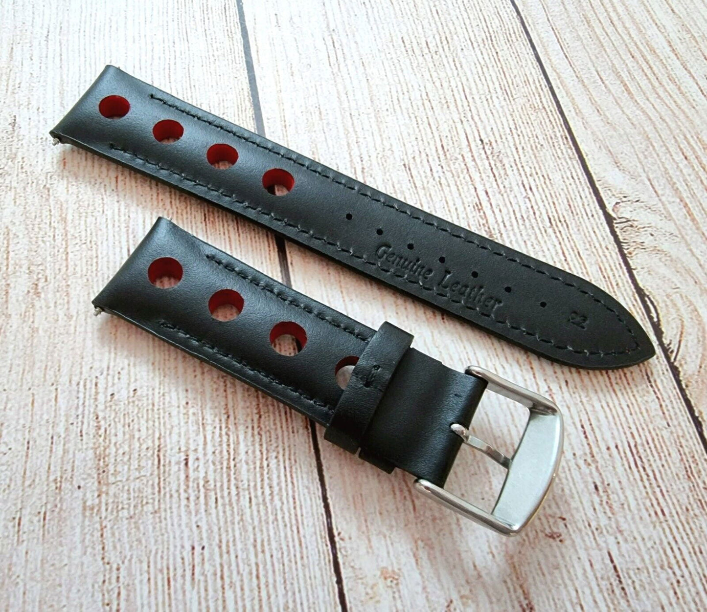 Hole Punched Premium Leather Watch Strap Band 18mm 20mm 22mm 24mm Black Red - Wrist Envy