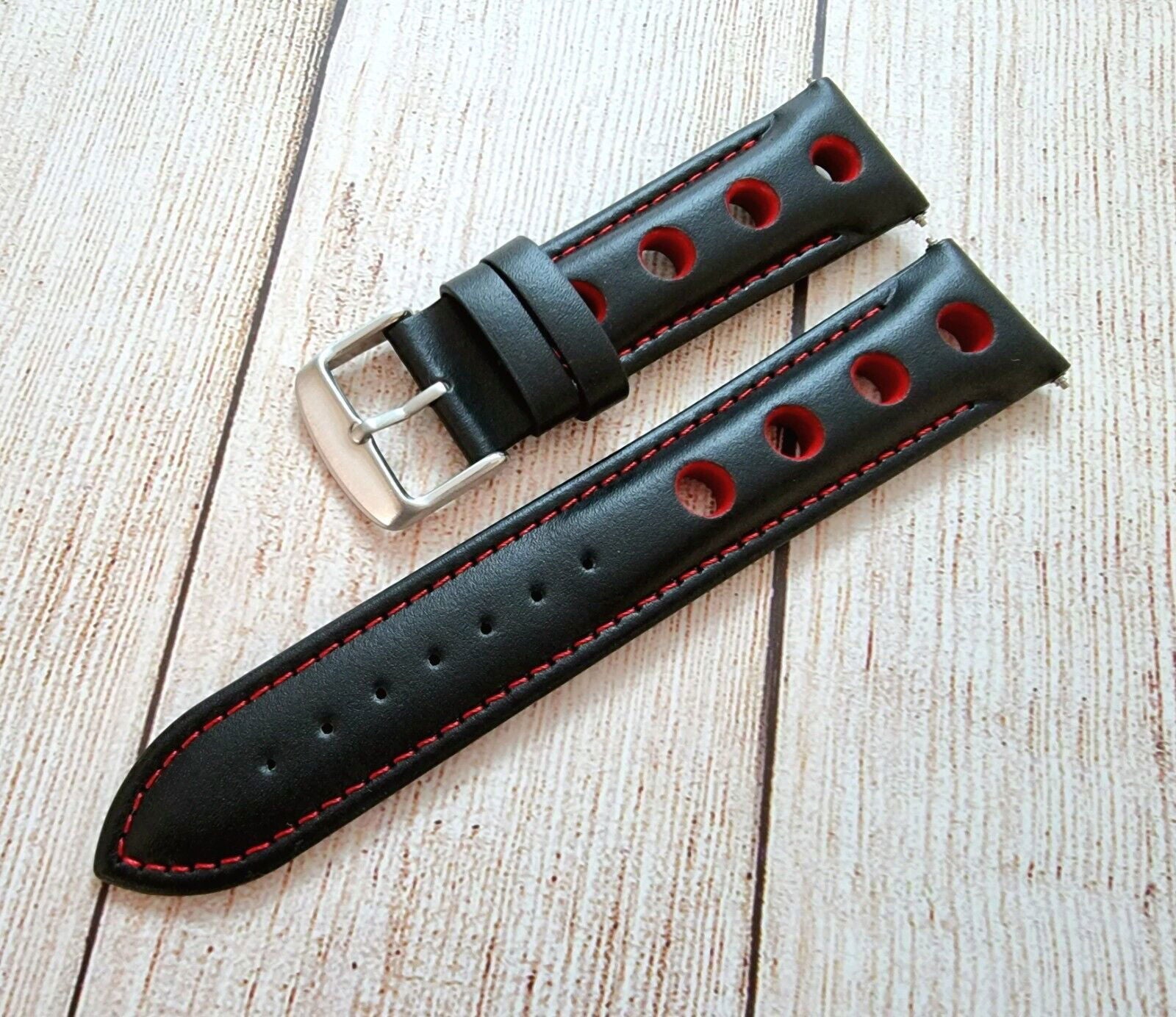 Hole Punched Premium Leather Watch Strap Band 18mm 20mm 22mm 24mm Black Red - Wrist Envy