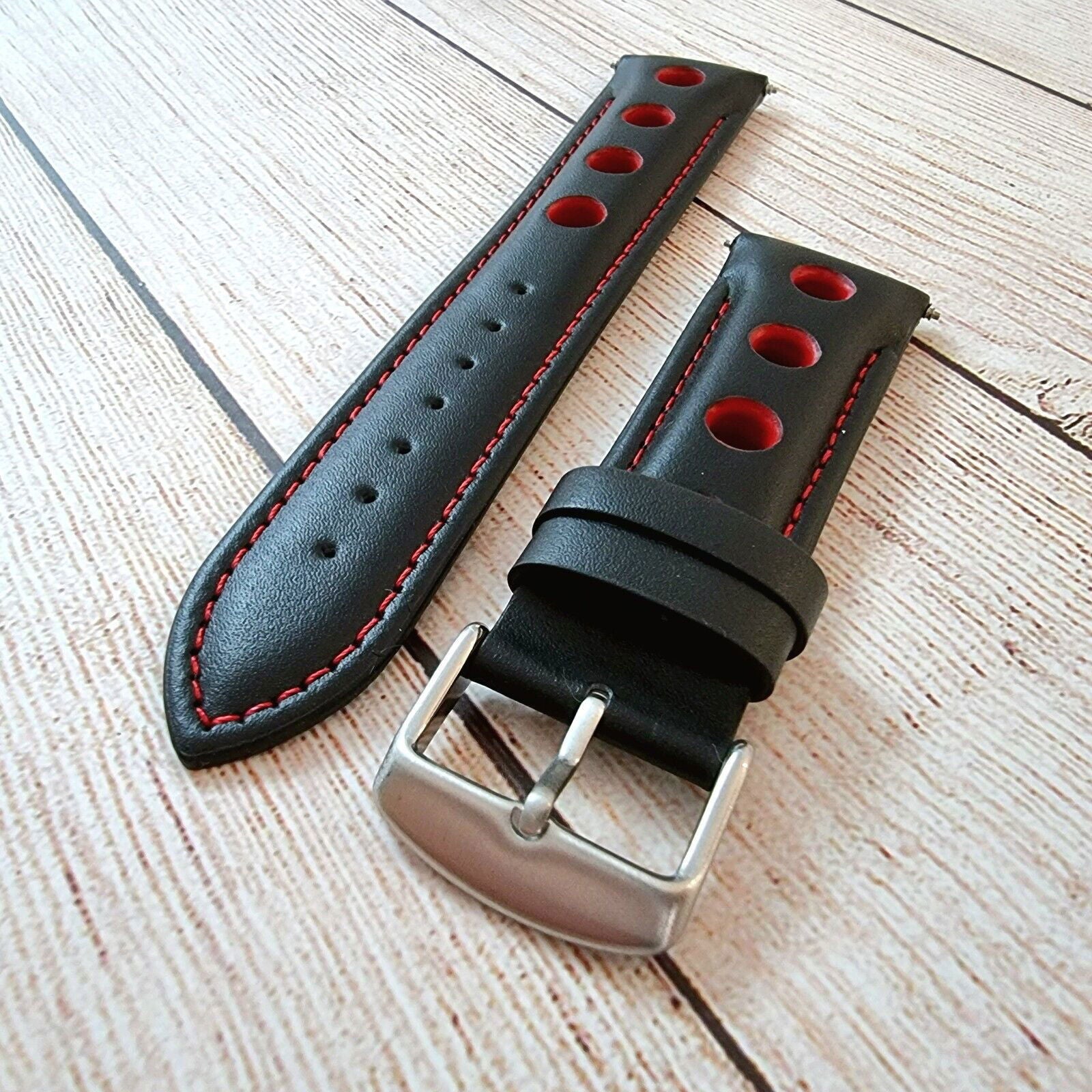 Hole Punched Premium Leather Watch Strap Band 18mm 20mm 22mm 24mm Black Red - Wrist Envy