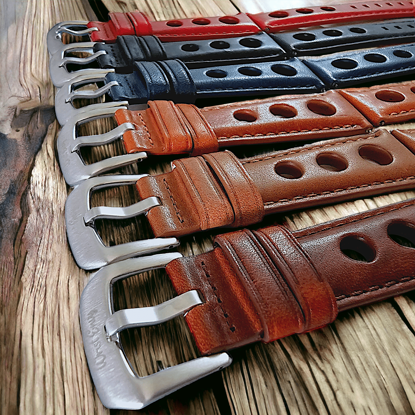 Horween Leather Rally Hole Punched Watch Strap Black 18mm, 20mm, 21mm, 22mm - Wrist Envy
