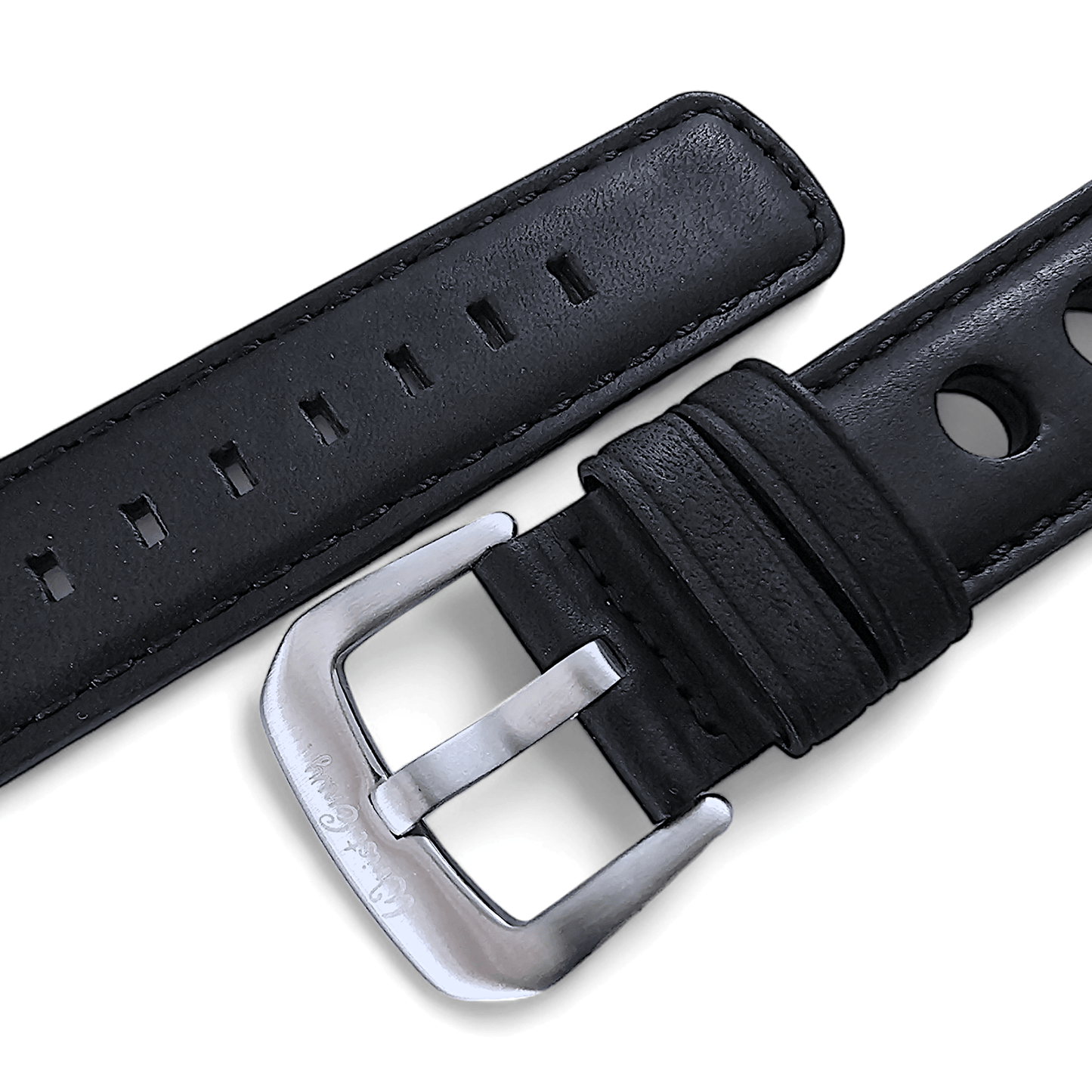 Horween Leather Rally Hole Punched Watch Strap Black 18mm, 20mm, 21mm, 22mm - Wrist Envy