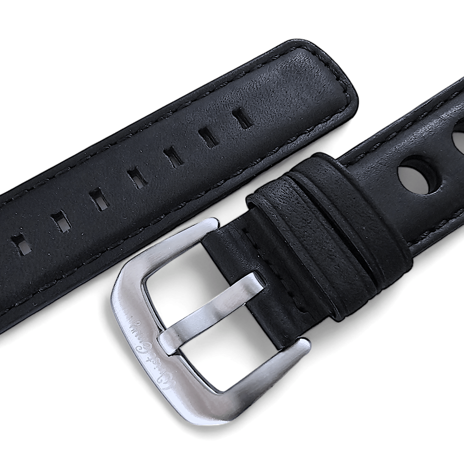 Horween Leather Rally Hole Punched Watch Strap Black 18mm, 20mm, 21mm, 22mm - Wrist Envy