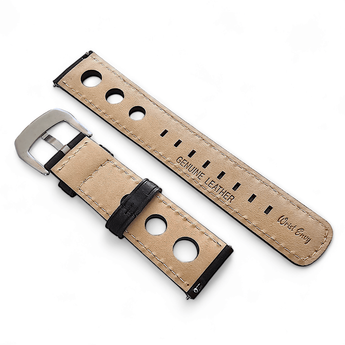 Horween Leather Rally Hole Punched Watch Strap Black 18mm, 20mm, 21mm, 22mm - Wrist Envy