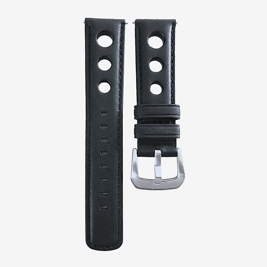 Horween Leather Rally Hole Punched Watch Strap Black 18mm, 20mm, 21mm, 22mm - Wrist Envy