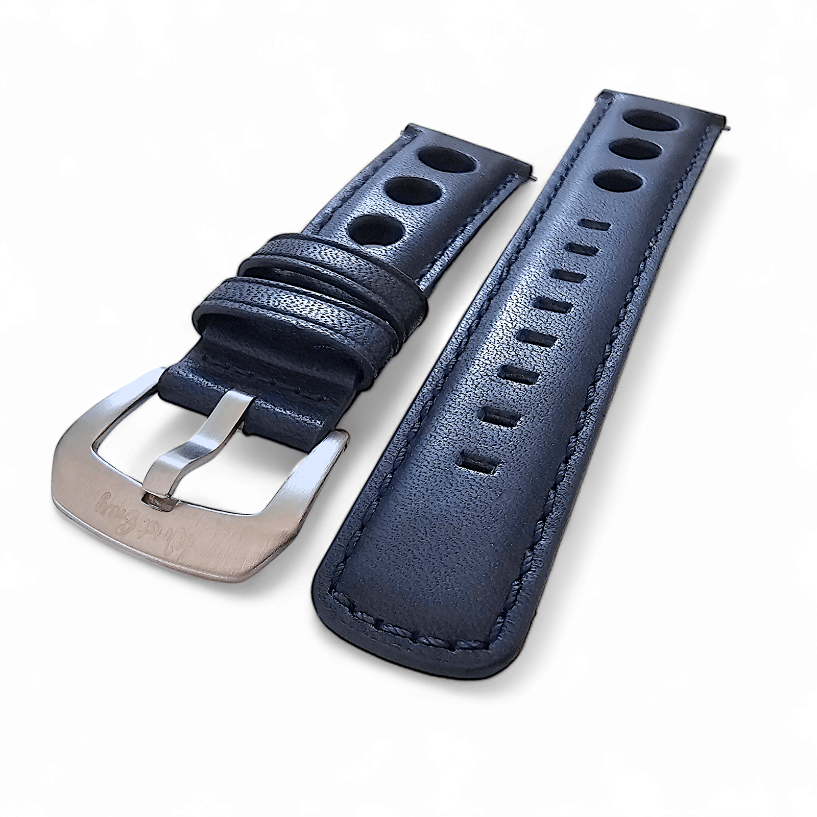 Horween Leather Rally Hole Punched Watch Strap Navy Blue 18mm, 20mm, 21mm, 22mm - Wrist Envy