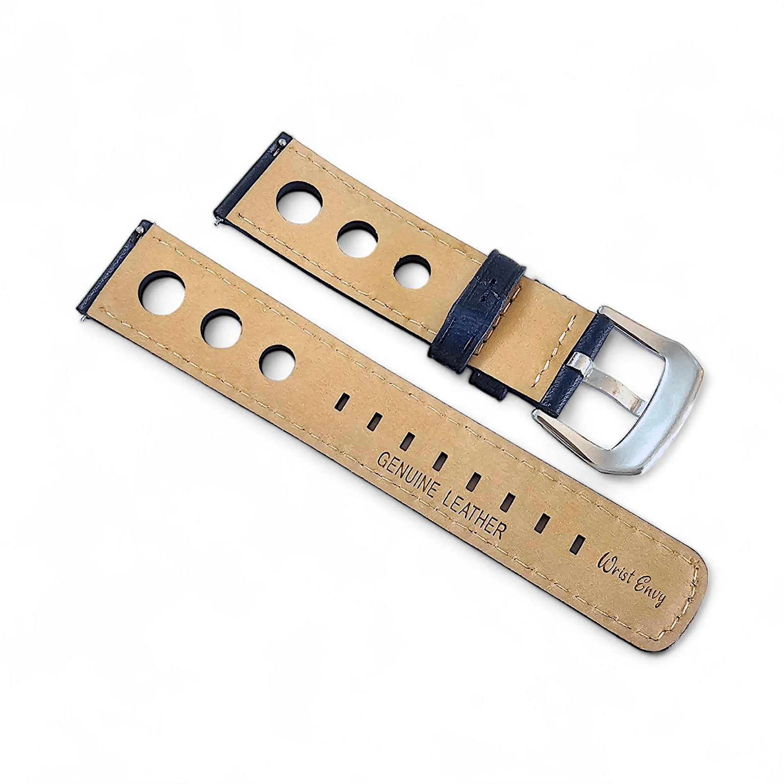 Horween Leather Rally Hole Punched Watch Strap Navy Blue 18mm, 20mm, 21mm, 22mm - Wrist Envy
