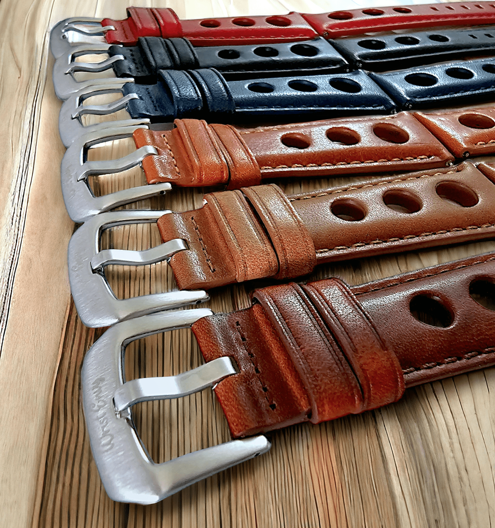 Horween Leather Rally Hole Punched Watch Strap Navy Blue 18mm, 20mm, 21mm, 22mm - Wrist Envy