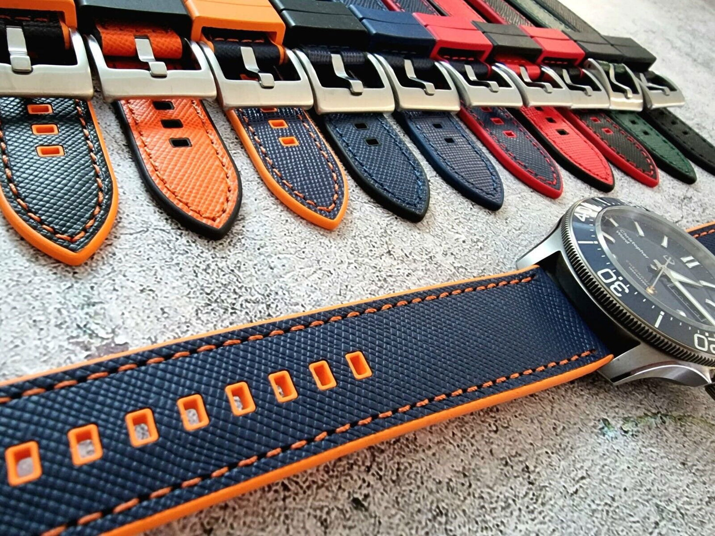 Hybrid Saffiano Leather FKM Rubber Watch Strap 20mm 22mm - Wrist Envy