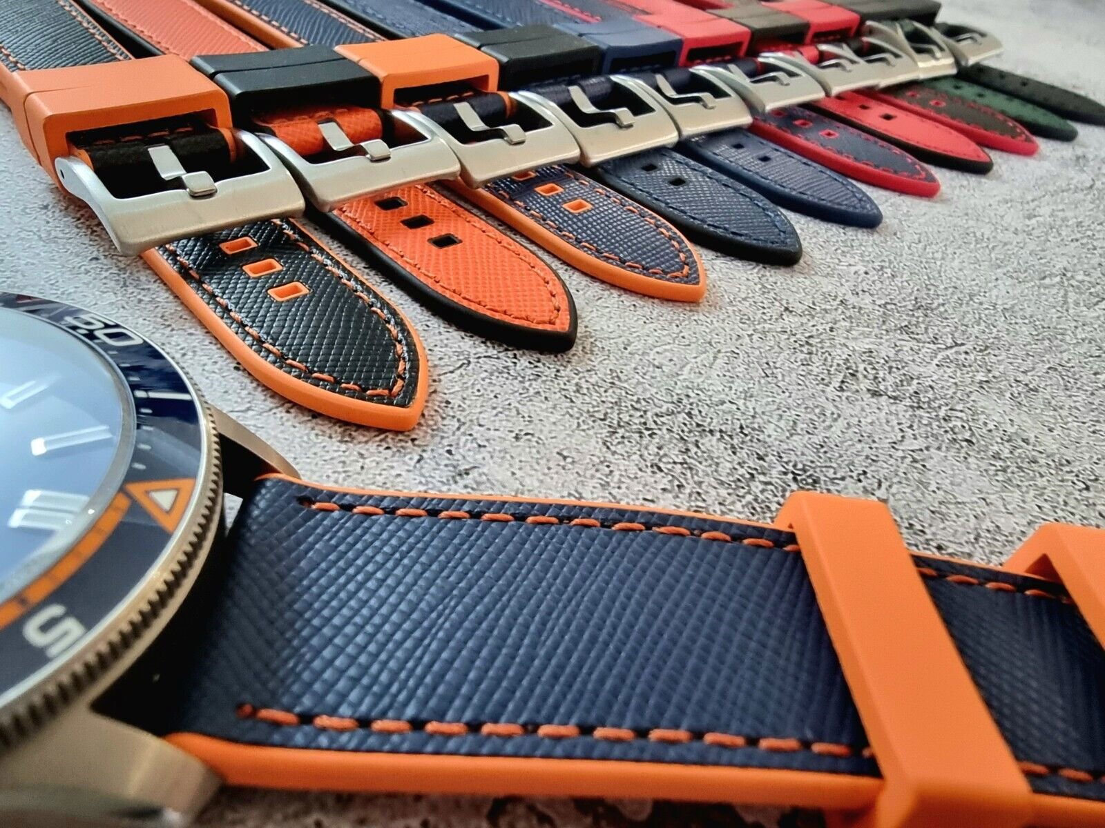 Hybrid Saffiano Leather FKM Rubber Watch Strap 20mm 22mm - Wrist Envy