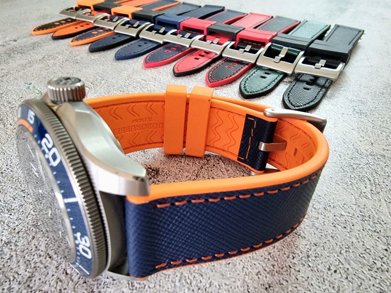 Hybrid Saffiano Leather FKM Rubber Watch Strap 20mm 22mm - Wrist Envy