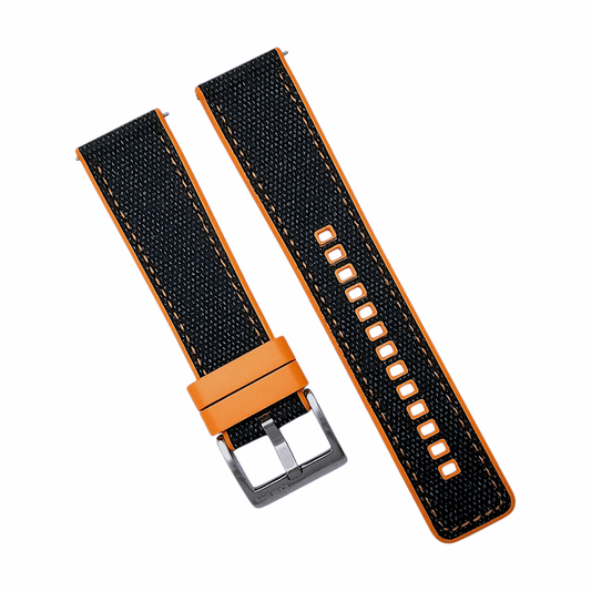 Hybrid Sailcloth Fabric & FKM Rubber Watch Strap 20mm 22mm Black Orange - Wrist Envy