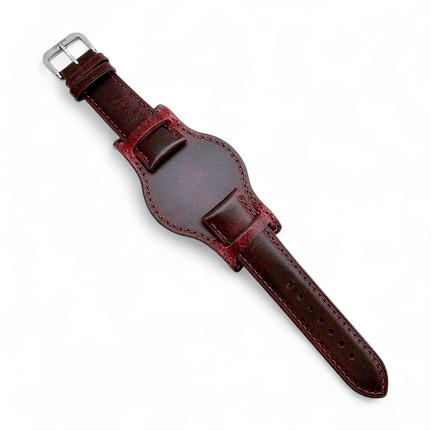 Leather Bund Watch Strap Handmade 20mm 22mm Burgundy Red - Wrist Envy