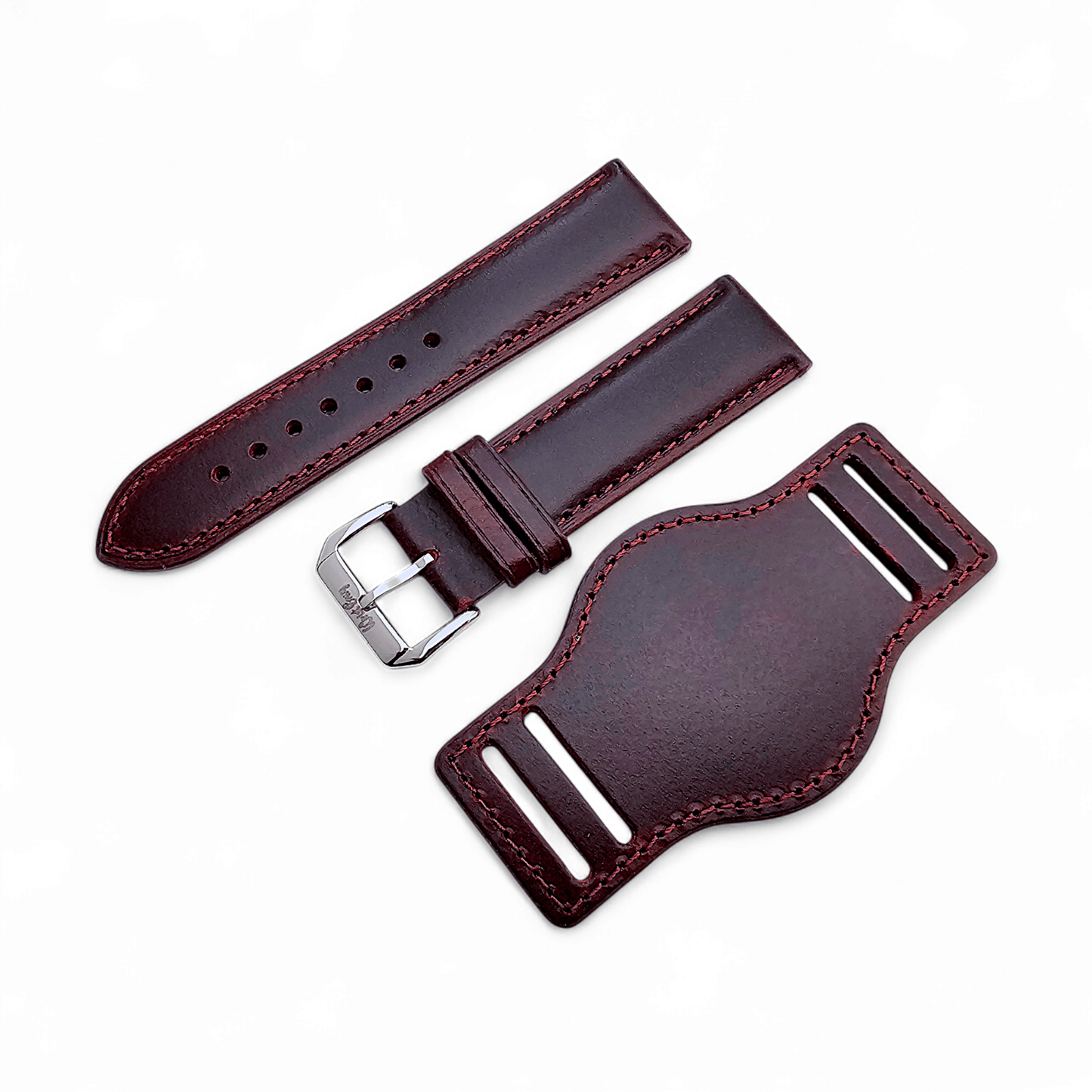 Leather Bund Watch Strap Handmade 20mm 22mm Burgundy Red - Wrist Envy