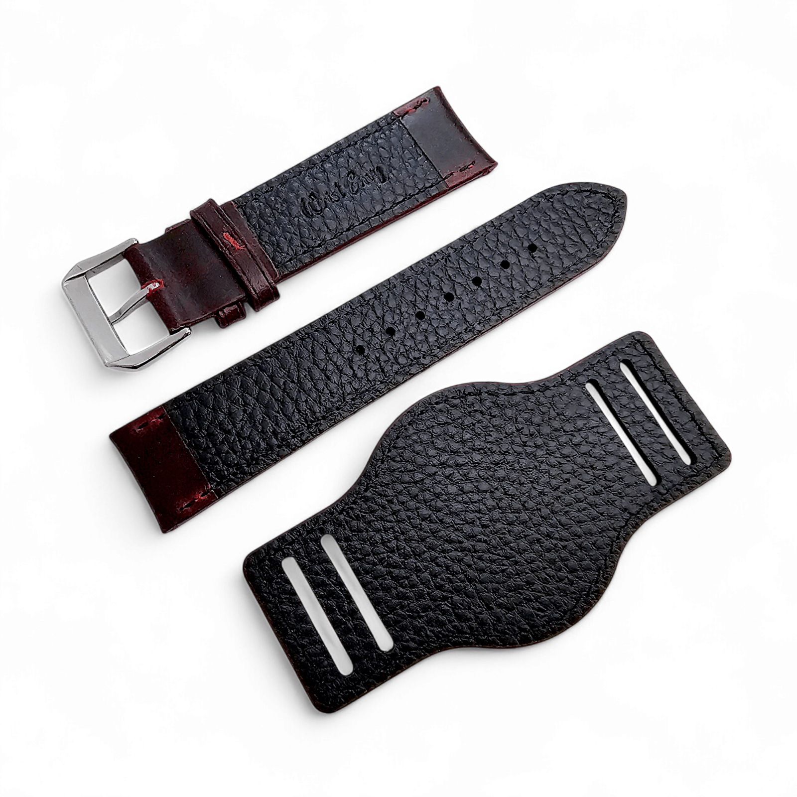 Leather Bund Watch Strap Handmade 20mm 22mm Burgundy Red - Wrist Envy
