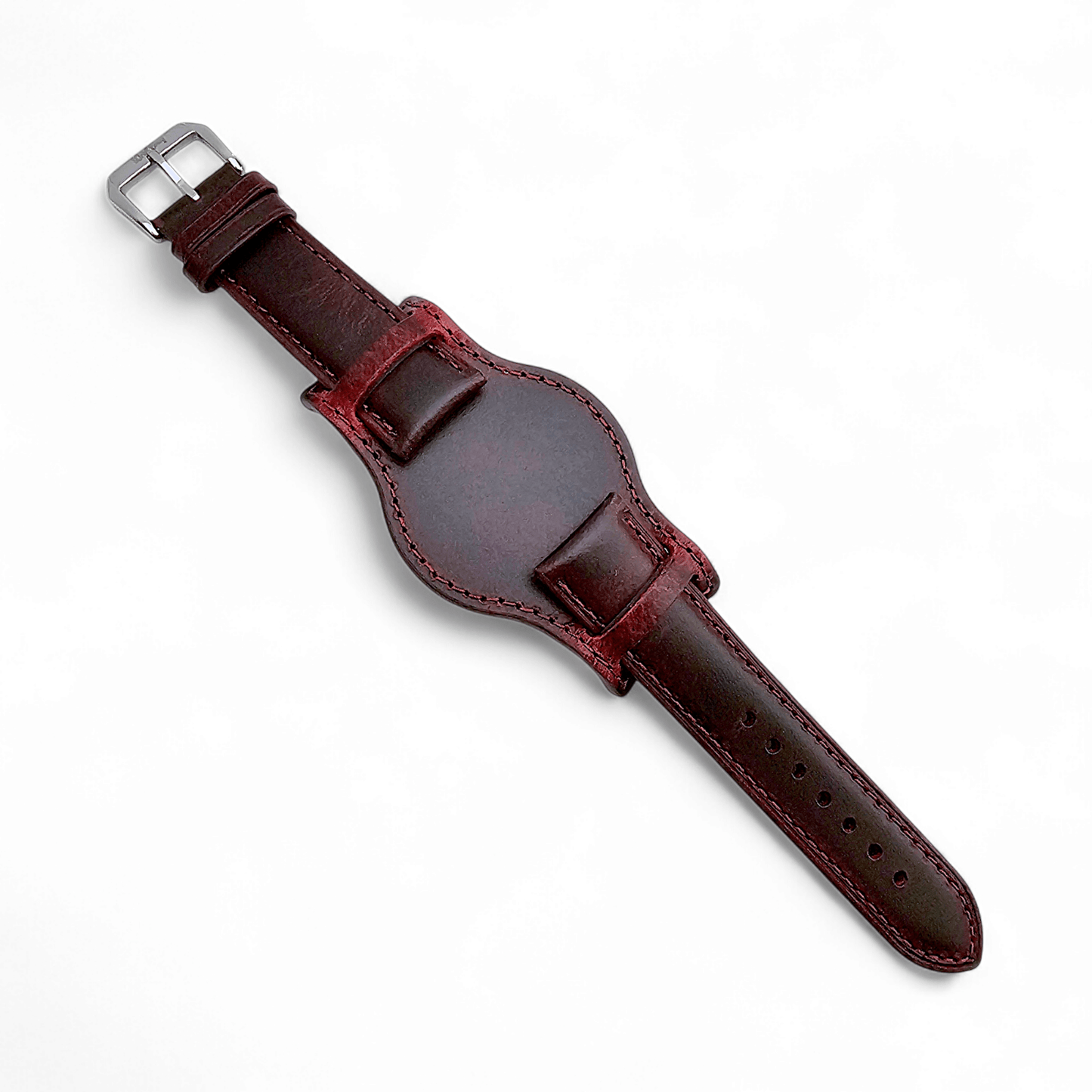 Leather Bund Watch Strap Handmade 20mm 22mm Burgundy Red - Wrist Envy