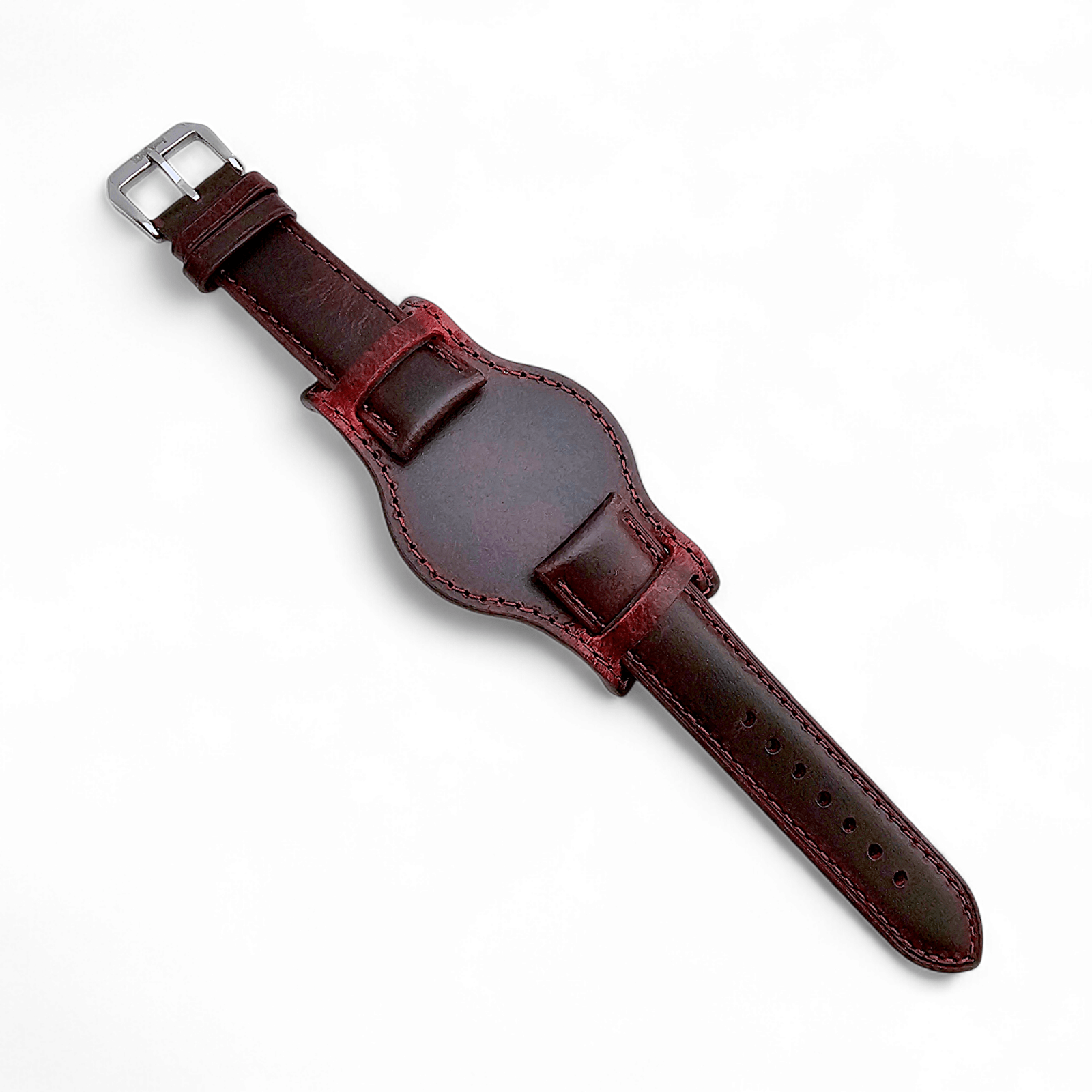 Leather Bund Watch Strap Handmade 20mm 22mm Burgundy Red - Wrist Envy