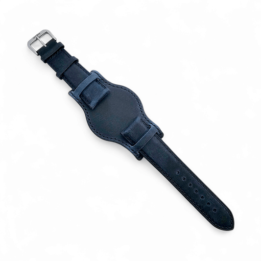 Leather Bund Watch Strap Handmade 20mm 22mm Navy Blue - Wrist Envy