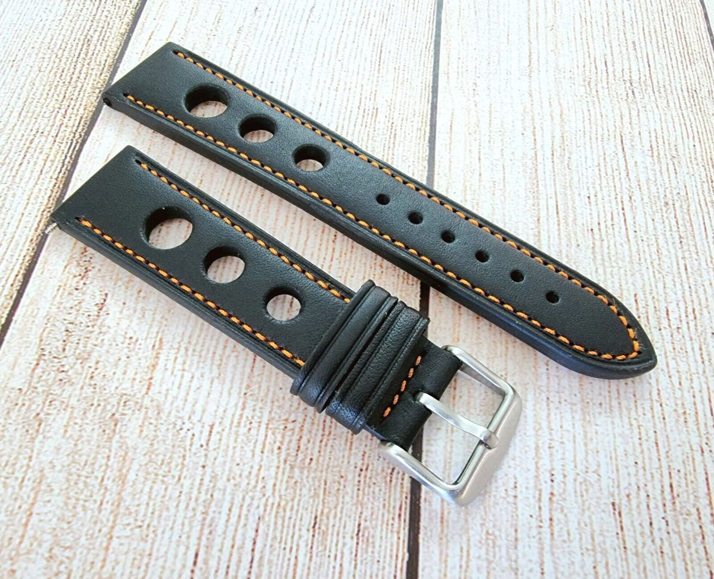 Leather Rally Watch Strap 18mm 20mm 22mm 24mm Black Orange Stitching - Wrist Envy