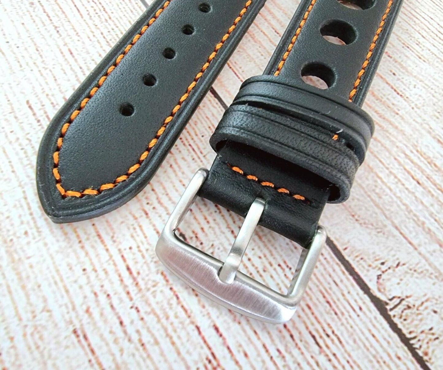 Leather Rally Watch Strap 18mm 20mm 22mm 24mm Black Orange Stitching - Wrist Envy